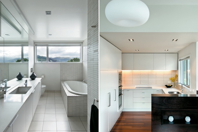 Even in the upper level bathroom the composition of fittings and materials reference the concept of the three boxes; the kitchen’s lowered ceiling and negative detailing accentuates the reference to the three external timber boxes. 