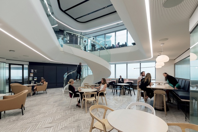 The sweeping, futuristic staircase creates a big ‘moment’ in the social hub space of Warren and Mahoney's reinvention of the Russell McVeagh law firm.