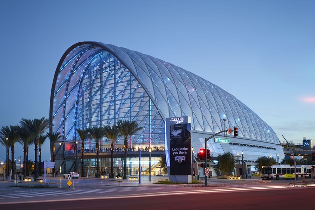 Anaheim Regional Transportation Intermodal Center by HOK, California. The bold design features a structural system of diamond-shaped steel arches infilled with translucent ETFE pillows.