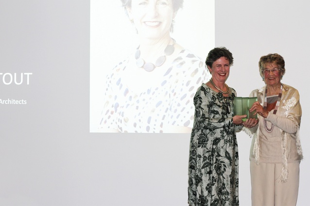 Julie Stout received the Architecture+Women NZ Chrystall Excellence Award from Lillian.