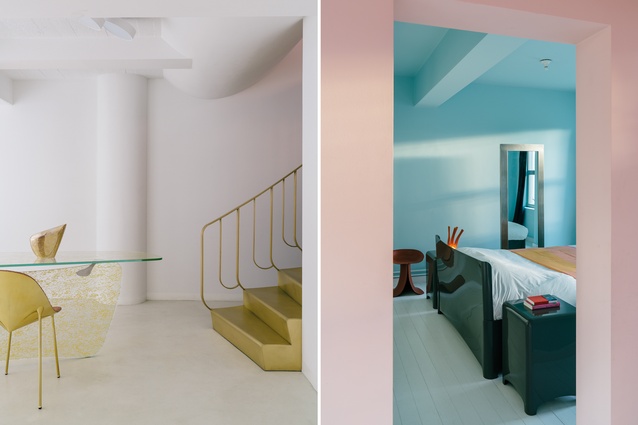 A glimpse of the brass staircase that leads to Lust’s studio and his limited-edition Gold Graph desk; the designer’s sky-blue bedroom with a lacquered aluminium bed and the Star System mirror for Driade.
