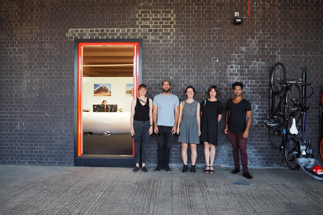 The 2017 Dulux Study Tour group at Amanda Levete Architects' office. From left: Imogene Tudor, Morgan Jenkins, Louisa Gee, Claire Scorpo and Alberto Quizon