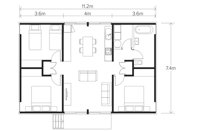 The 83sqm floor plan for The Living House is comprised of three bedrooms, bathroom/toilet and open plan kitchen and living room.