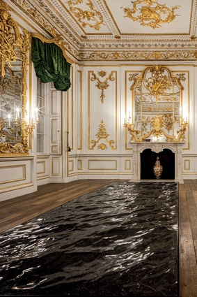 London Design Festival: French designer Mathieu Lehanneur’s ‘Liquid Marble’, a slab of black stone carved to resemble an ocean’s soothing movement, was sited in an ornate room. 