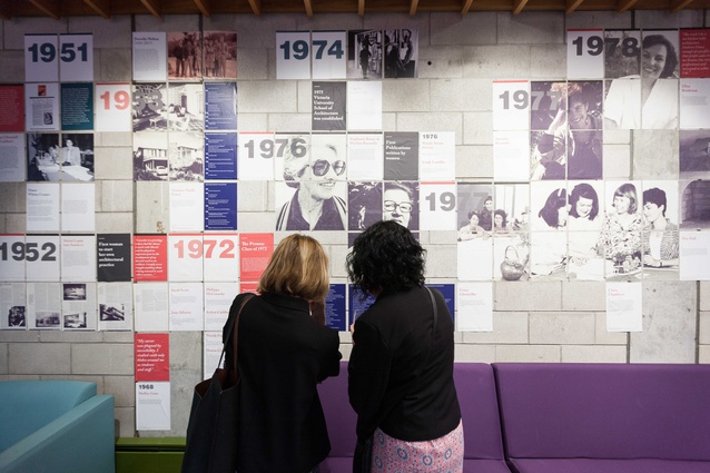 Architecture+Women Timeline (extended) exhibition installed at the University of Auckland for the 2017 Festival of Architecture
