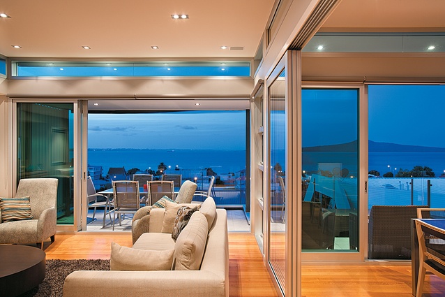The living area captures a view of Rangitoto. 
