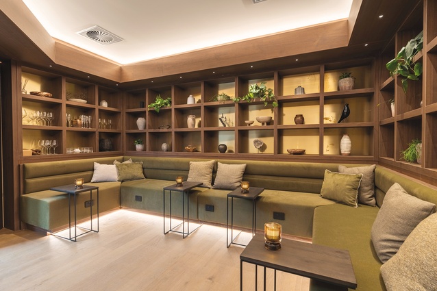 The new hotel reception: sofa is in Warwick Ozark Tahini; wall panelling is in Warwick Benito Java. 