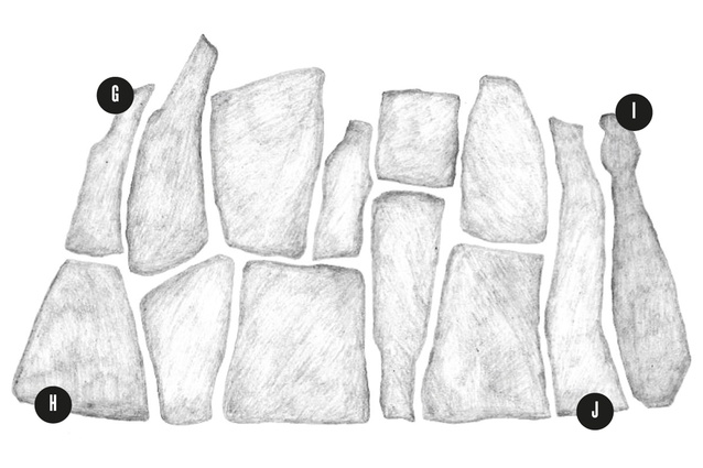 Sketch of section of adze path with significant specimens. G: Type 5 (side-hafted adze). H: Type 2b adze. I: Patu aute. J: Type 1A adze.