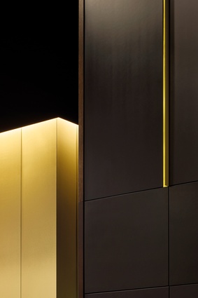 Going up? Go for gold. Interspersed high up on the black walls are thin brass highlights that echo the gold lift front.