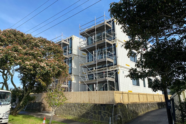 Prefabricated “container style” Kāinga Ora apartments going up at 15 Kingsway Avenue, Sandringham.