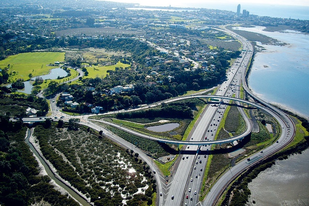 The motorway interchange at Onewa was planted with species that reflect the open coastal location on the shores of Shoal Bay.