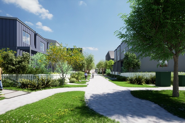 Landscaped pedestrian pathway providing green links through the precinct.