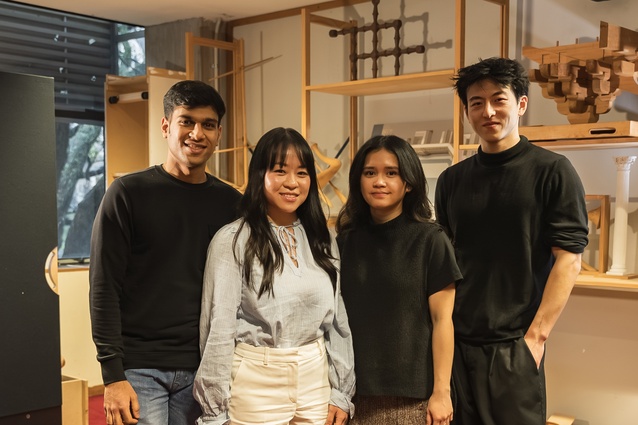 From left: Shivam Bansal, Structural Engineering (University of Auckland), Beatrice Hong, Construction Management (Otago Polytechnic), Isabella Mercado, Sustainable Systems Engineering (Te Herenga Waka) and Enoch Shi, Master of Architecture (University of Auckland).