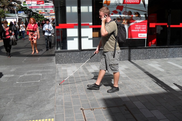 A device to aid the visually impaired was designed into the streetscape. Changes in surface texture provide alerts.