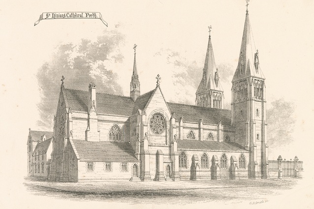 St Ninian’s Cathedral, Perth. Perspective first published in The Ecclesiologist, 1850, as reproduced in full octavo plate in A. J. B. Hope, 1861, The English Cathedral in the Nineteenth Century. UK: John Murray, p. 78. 