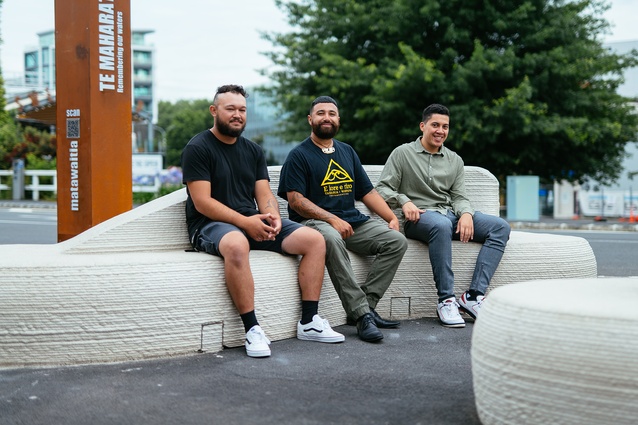 Te Maharatanga o Ngā Wai project designers, from left: Ngāti Whātua Orakei kaitiaki rākau Jyde Tamaariki, Etienne Neho and intern Kahurangi Eruera. The 3D-printed seats were designed in a curvilinear form to reference ancient flowing waters and wildlife. 