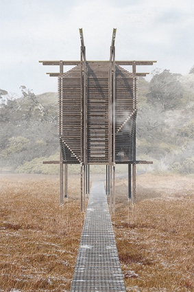 Contemplative Booth: The entrance bridges are lowered to admit entry from the boardwalk. Rope pulleys allow for the bridges to be kept slightly open as casements.