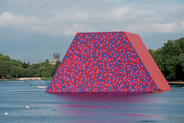 The London Mastaba – a floating platform of wrapped oil barrels, moored on the Serpentine Lake, Hyde Park, 2016–2018 – is the first installation in London by Christo and Jeanne-Claude. 
