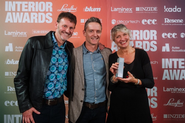 Jules and Blair MacKinnon from 26 Aroha Ave, winner of this year's Multi-Housing award, with Jasmax's James Whetter (centre).