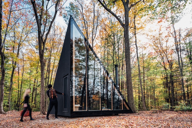 The Klein-designed prismatic cabin is a modern take on the classic A-frame but it provides a more effective use of space inside.