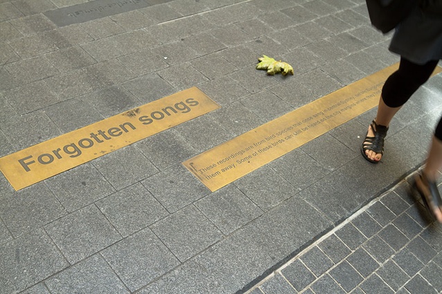 New footpath plaques in Angel Place commemorate the artwork overhead, <em>Forgotten Songs</em> by Michael Thomas Hill.