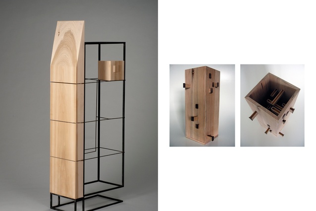Two sculptures. (Left) poplar and steel; (right) American oak.