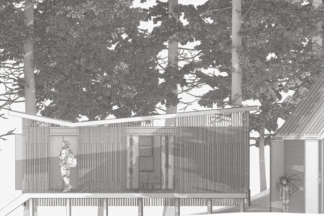 2024 Te Kāhui Whaihanga New Zealand Institute of Architects Resene Student Design Award, highly commended: ‘Algorithmic Abodes’ Beacon North Elevation by Lucy Lee.