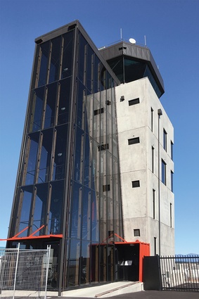 The tower has a glazed stairwell. Entering it requires calling upwards.