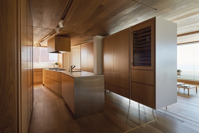 Custom-made cabinets blend seamlessly into the kitchen and adjoining living space. 
