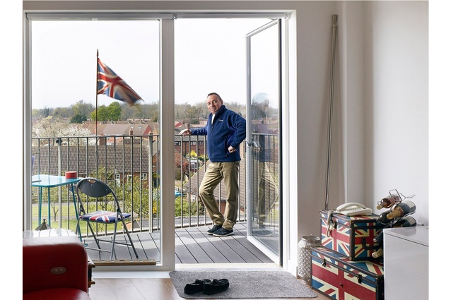 Interiors category: Photographer: Kilian O’Sullivan. Interior and portrait of Derry Road Resident on the Queen’s Birthday. Architect: Bell Phillips Architects.