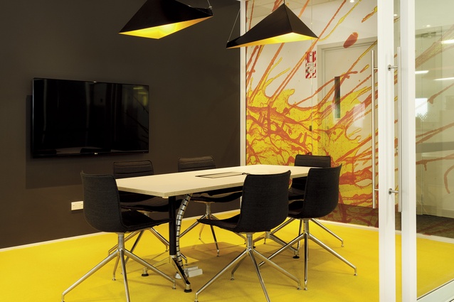 Meeting rooms feature supergraphics of Roche’s own molecular photography and wire-hung geometric lighting.