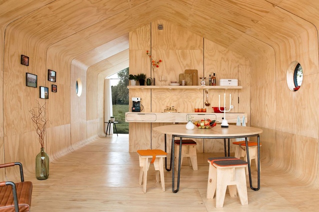 Living room of the Wikkelhouse. 100 per cent recyclable, these cute modular homes can be transported and on site within one day, as the home does not require foundations.
