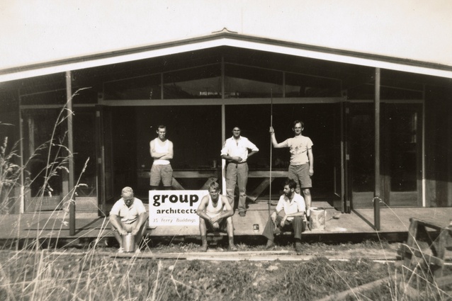 Group Architects on the verandah, outside the Second House, Auckland, constructed in 1950–1951. Front row: Campbell Craig, Bret Penman, Bruce Rotherham. Back row: Allan Wild, Ivan Juriss, Bill Wilson. Absent: James Hackshaw.