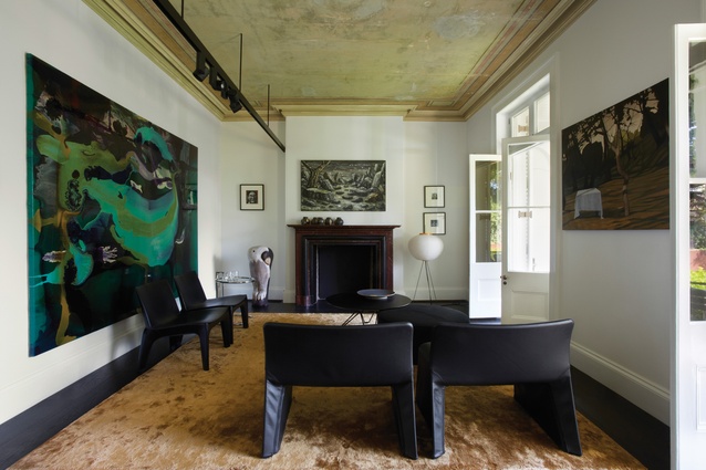 The formal living room is an adept counterpoint to the casual new works. Artwork (clockwise from left): Dale Frank; Peter Booth; David Keeling.