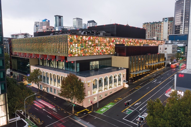 Beneath the lantern artwork, the preserved façade of Roy Lippincott’s Berlei building wraps around the NZICC’s south-western corner.