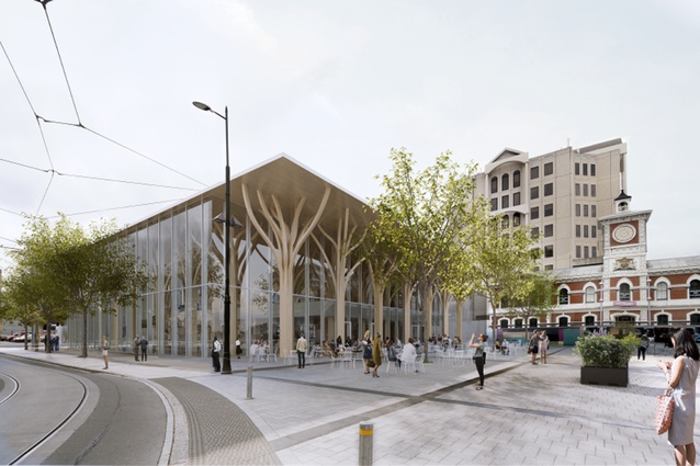 Shigeru Ban’s design for a new commercial building on Christchurch’s Cathedral Square.