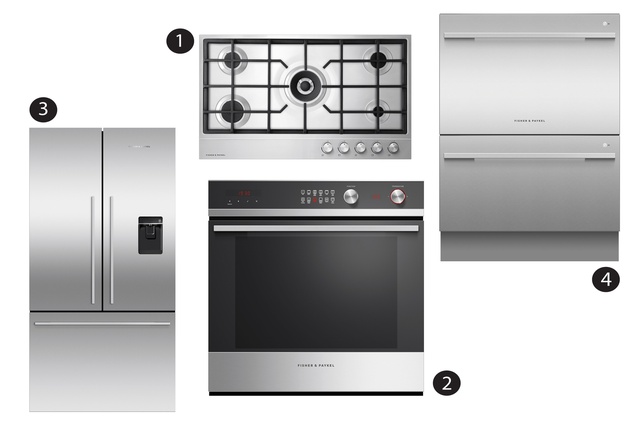 Fisher & Paykel appliances: 1. Gas on steel, 900mm, 5 Burner Cooktop; 2. Built-in Oven, 760mm, 11 Function, Pyrolytic; 3. French Door Fridge Freezer, 900mm, with ice & water; 4. Double DishDrawer™ Dishwasher.