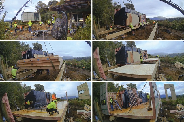 On site assembly of First Light's prefabricated panel and pod trampers' hut at National Park.