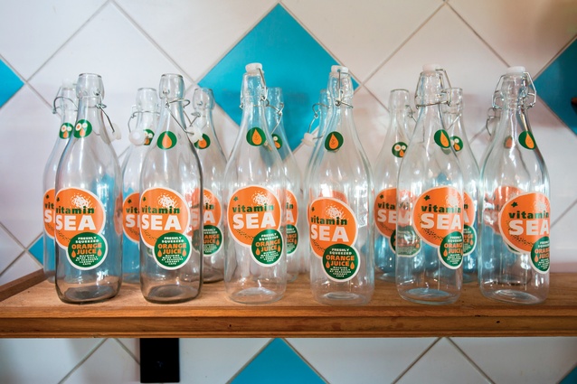 A collection of old Vitamin Sea juice bottles.