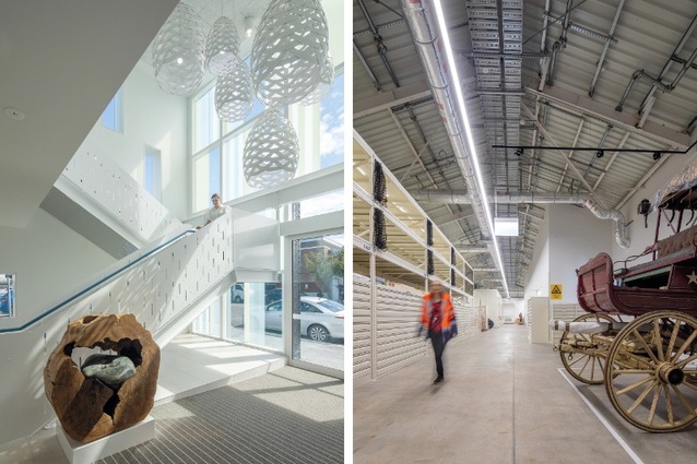 Left: The entrance foyer stair leads to staff areas on the upper level. Right: The arrangement of the collection was carefully planned by the client.