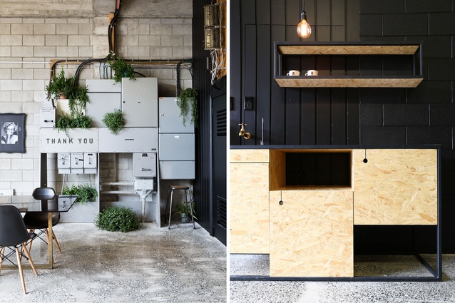 The OSB-clad kitchenette reflects a utilitarian aesthetic and the old power and phone boards remain in situ. 