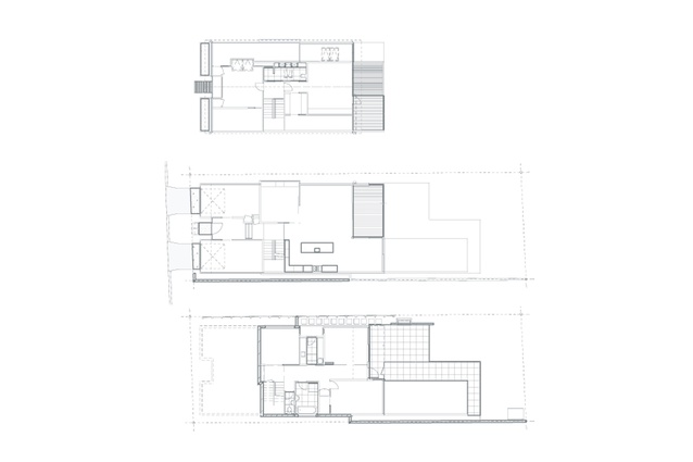 Upper level plan (top), entry level plan (middle), basement level plan (bottom).