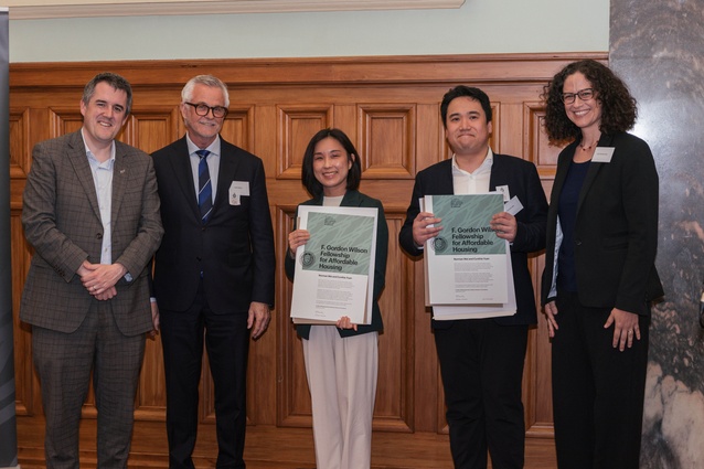Minister of Housing, the Hon Chris Bishop, Mark Abbot of the NZIA, 2025 F. Gordon Wilson Fellowship recipients Cynthia Yuan and Norman Wei, and Julia Mandell-Kerr.