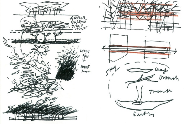 Western screen and concept sketches “generated from an artist’s image of decaying leaves”, including Pohutakawa and Rata by Philip Simpson.