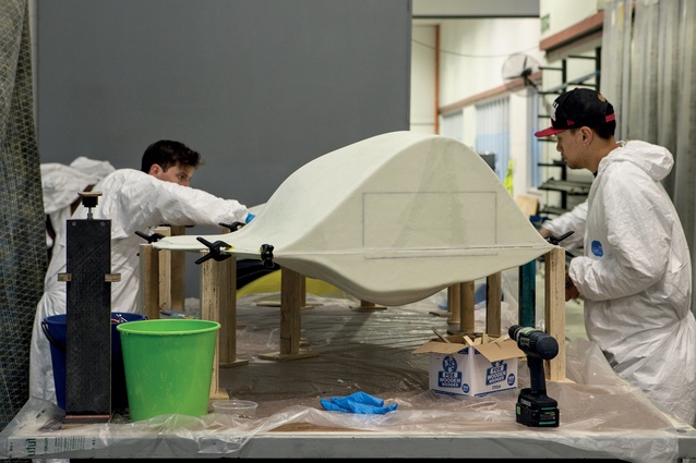 Although the island cores are shaped robotically, the skins are laid on by hand. 
