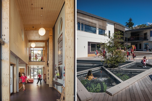 Left: The school foyer is between the multi- purpose hall and the main administration area. Right: A netted play area encourages student interaction with the outdoor environment.