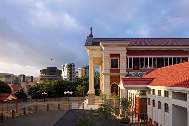 The Cathedral portico is viewed from the north, with the chimneys of the Parliamentary Library on the left.