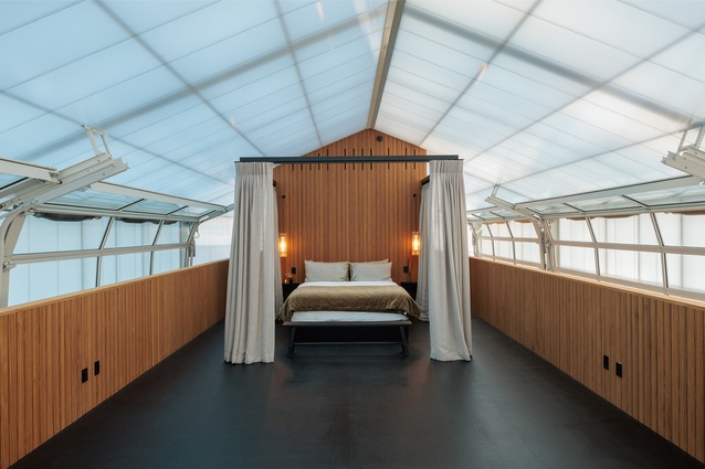 The camping experience on the mezzanine allows semi-private spaces and steel frames carry sheer curtains which can be drawn for a degree of visual privacy.