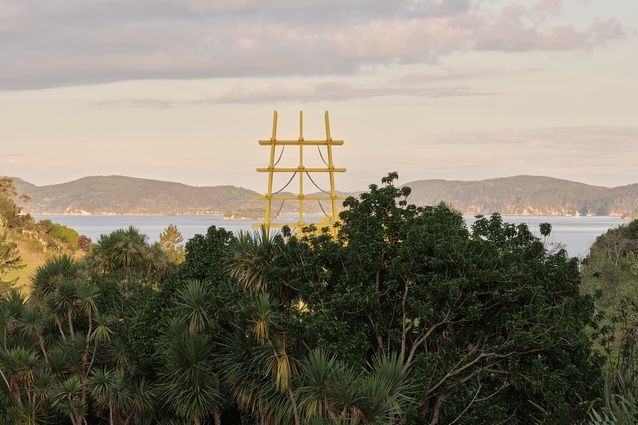 Standing 11 metres tall, the whimsical 2025 Brick Bay Folly, Yellow Post, greets visitors as they drive down to the sculpture park.