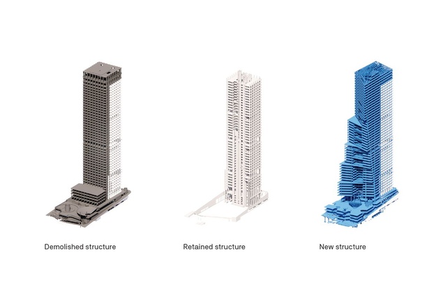 The adaptive reuse diagram for Quay Quarter Tower (QQT), demonstrating the original structure, retained structure and new structure.